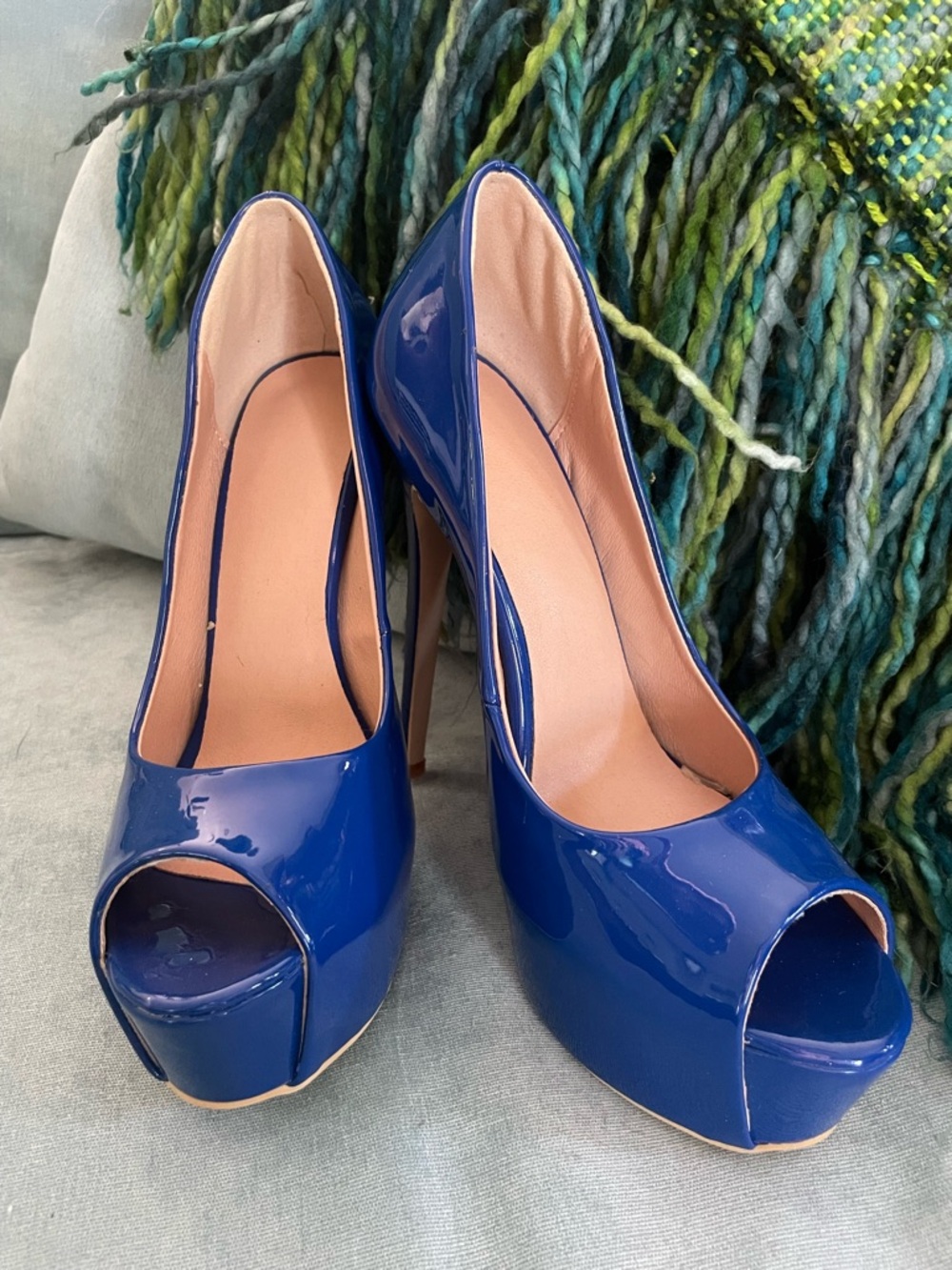 Blue Patent Peep-Toe Platform Pumps
